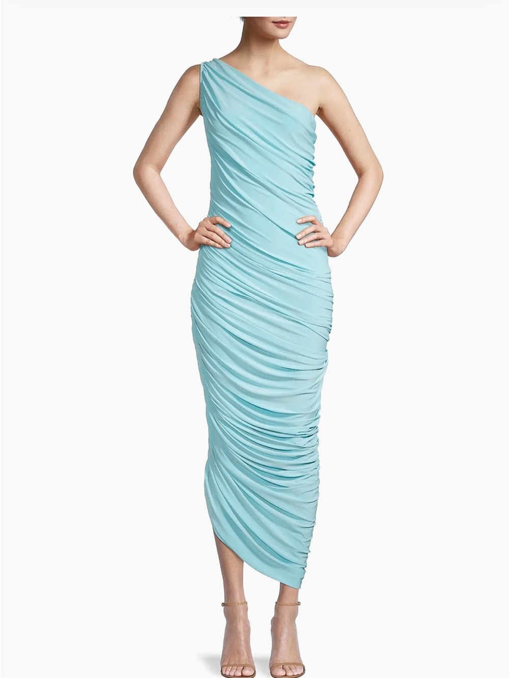 Norma Kamali One-Shoulder Ruched Midi Dress in Aqua Blue